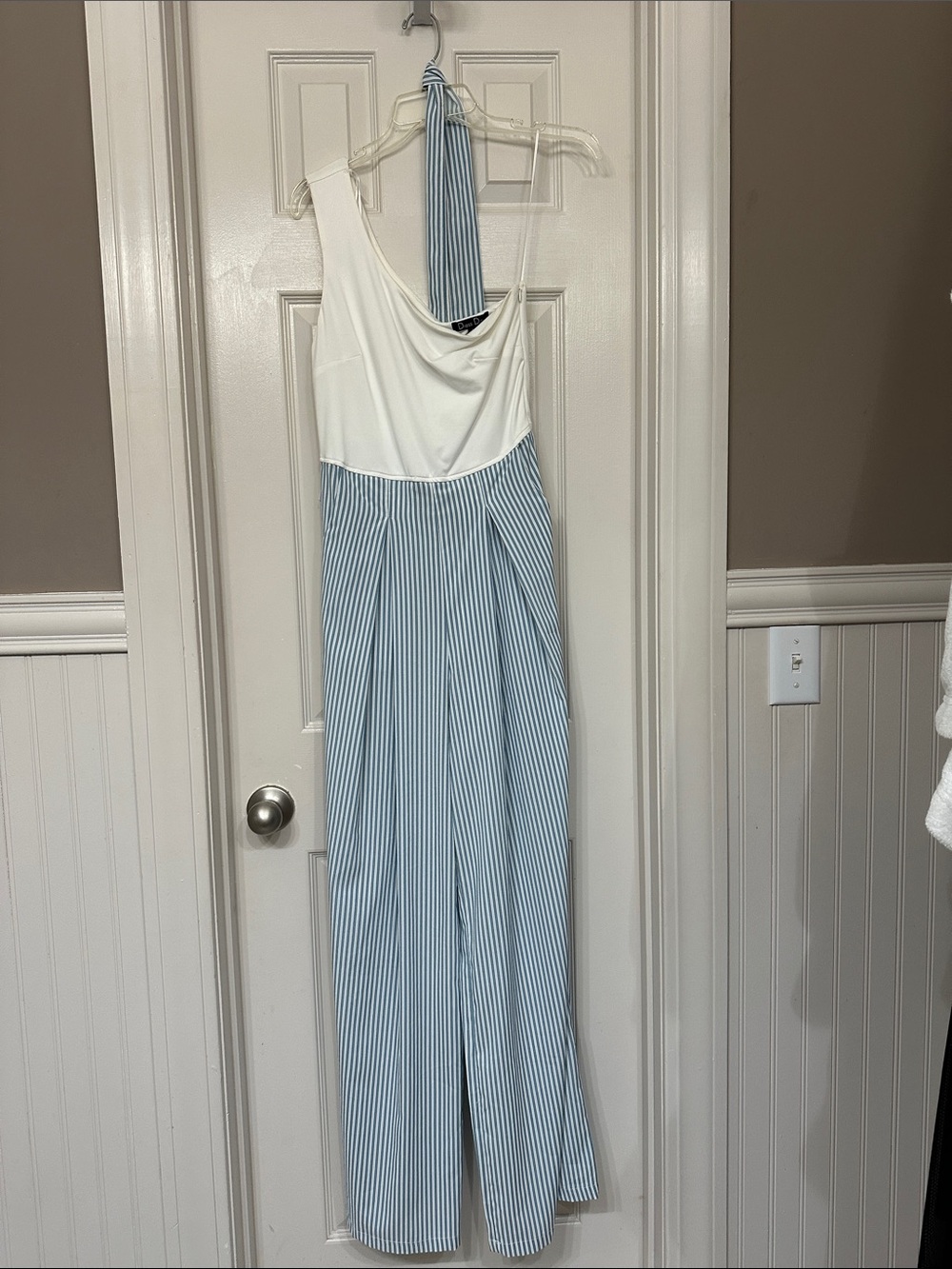 Asymmetric White and Light Blue Striped Halter Jumpsuit